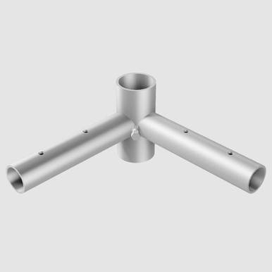 2 Way Corner Rail Fitting, silver metallic junction for connecting two rails at a corner angle.