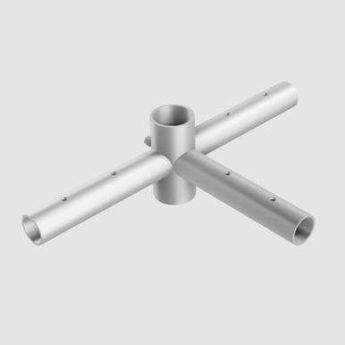 3 Way Corner Rail Fitting, metal plumbing connector with three branches forming a T-shaped junction for corner pipe connections.