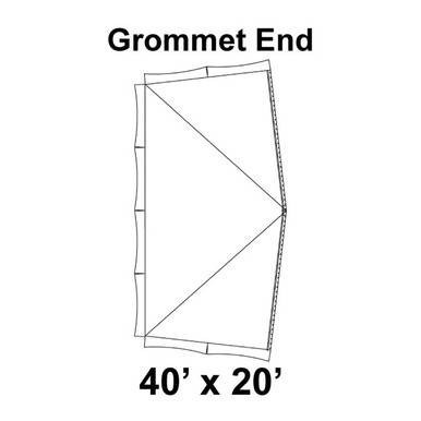 40' x 20' Master Series Frame Tent Grommet End, 16oz. Ratchet Top, Solid White, technical diagram of the tent's grommet end and frame layout.