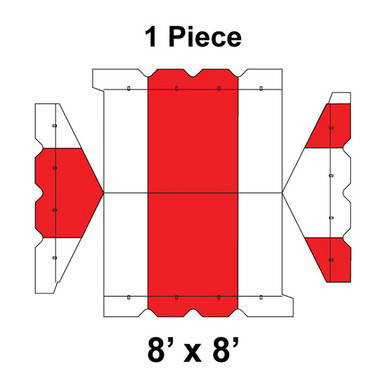 8' x 8' Gable Frame Tent, 1 Piece, 16 oz. Ratchet Top, White and Red, diagram showing construction with red and white sections and detailed parts for assembly.