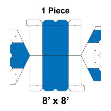 8' x 8' Gable Frame Tent, 1 Piece, 16 oz. Ratchet Top, White and Blue, flat layout schematic with blue sections on the sides and center, showing the tent's structure and dimensions.