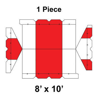 8' x 10' Gable Frame Tent, 1 Piece, 16 oz. Ratchet Top in White and Red, shown as a top-view blueprint with color-coded sections and dimension labels.
