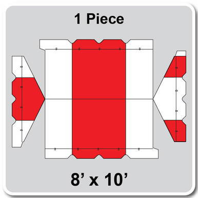 8' x 10' Gable Frame Tent, 1 Piece, 16 oz. Ratchet Top, White and Red, with diagram showing the structure and dimensions of the tent.