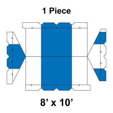8' x 10' Gable Frame Tent, 1 Piece, 16 oz. Ratchet Top, White and Blue, flat package diagram showing the tent's layout and components.