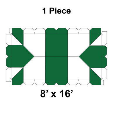 8' x 16' Classic Frame Tent, 1 Piece, 16 oz. Ratchet Top, White and Forest Green, flat layout of tent with color-coded green and white sections.