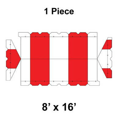 8' x 16' Gable Frame Tent, 1 Piece, 16 oz. Ratchet Top, White and Red, technical diagram showing the tent's layout and structure.