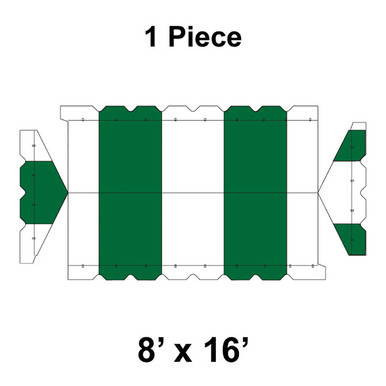 8' x 16' Gable Frame Tent, 1 Piece, 16 oz. Ratchet Top, White and Forest Green, with a diagram showing its structure and dimensions.
