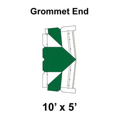 10' x 5' Classic Frame Tent Grommet End, 16 oz. Ratchet Top, White and Forest Green, showing a diagram of the grommet end with green and white fabric and detailed measurements for outdoor event, canopy, or tent setup.