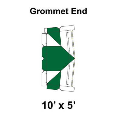 10' x 5' Classic Frame Tent Grommet End, 16 oz. Ratchet Top, White and Forest Green, showing a diagram of the grommet end with green and white fabric and detailed measurements for outdoor event, canopy, or tent setup.