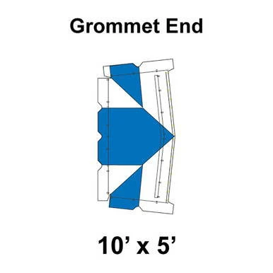 10' x 5' Classic Frame Tent Grommet End, 16 oz. Ratchet Top, White and Blue, diagram showing grommet end with blue fabric panels and frame outline.