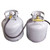 T-Block Manifold, industrial gas distribution system with two white cylinders connected by a metal hose and T-shaped manifold for controlling flow.
