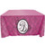Custom printed 4\' three sided draped table cover, the front and sides skim the floor while the back is open.
