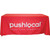 6' Draped Full Dye-Sublimation Table Cover, red fabric with white pushlocal logo and slogan printed on it.