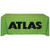 6' 3-Sided Draped Full Dye-Sub, a large green table cover with black polka dots and the ATLAS logo printed prominently in bold black letters.