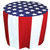 36'' x 29'' Round Table Cover, patriotic tablecloth with stars and stripes design in red, white, and blue for festive events.