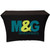 Stretch Tablecover 4', black tablecloth with M&G Investments logo printed on the front.