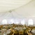 Celina Tent Frame Tent Liner 40' x 20' End, interior of event tent with white fabric draped ceiling and decorated banquet tables with chairs.