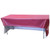 4' Fitted Vinyl, 3-Sided, pink table cover draped over a table with metal legs