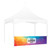 Celina Tent 10' Print Pinn Rail Curtain, white tent with colorful printed banner displaying 'Your Logo Here' at the front.