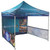 Celina Tent Fast Shade Package 10-1, blue portable pop-up canopy tent with promotional graphics and partial sidewalls for outdoor events and advertising.