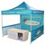 Celina Tent Fast Shade Package 10-7, outdoor promotional event tent with blue canopy, printed advertising banners, and a table with promotional materials.