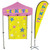Celina Tent Fast Shade Package 7E, colorful tent with pink canopy and yellow backdrop decorated with stars, along with a yellow tear-drop shaped banner displaying Tickets in vibrant colors.