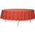 108'' Round Cafe Polyester Table Cover, red round table with draped polyester fabric and metal legs.