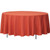 108'' Round Peach Polyester Table Cover, fabric draping over a round table with legs, ideal for banquet or event settings.
