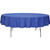 96'' Round Peach Polyester Table Cover, blue fitted tablecloth draping over a round table with metal legs.