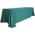 90'' x 156'' Gold Polyester tablecloth, rectangular teal fabric table cover draped over a long table.