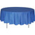 96-inch Round Polyester Tablecloth, blue fabric draping over a round table with metal legs for event or party decoration.