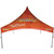 Celina Tent 20' x 20' Pinnacle Series High Peak Frame Tent / Cross Cable Marquee with Full Digital Print, showcasing a large orange event tent with branding and promotional messages, supported by a sturdy metal frame.