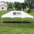 Celina Tent 20' x 30' Master Series Frame Tent Logo Print, Complete, white event tent with Garden Park Village logo on top, set up outdoors on green grass with trees and houses in the background.