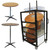 36" Pedestal Tables x10 with Cart, stacking wooden tables with round tops and metal bases, stored in a rolling cart for easy transport and storage.