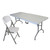 Mayfield Chair and Center Folding Resin Table Set, a portable white table with a gray folding chair positioned next to it.