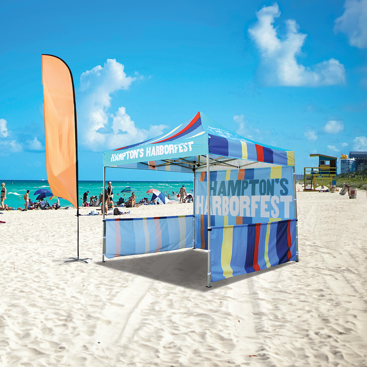 Pop up beach tent set up by the shore