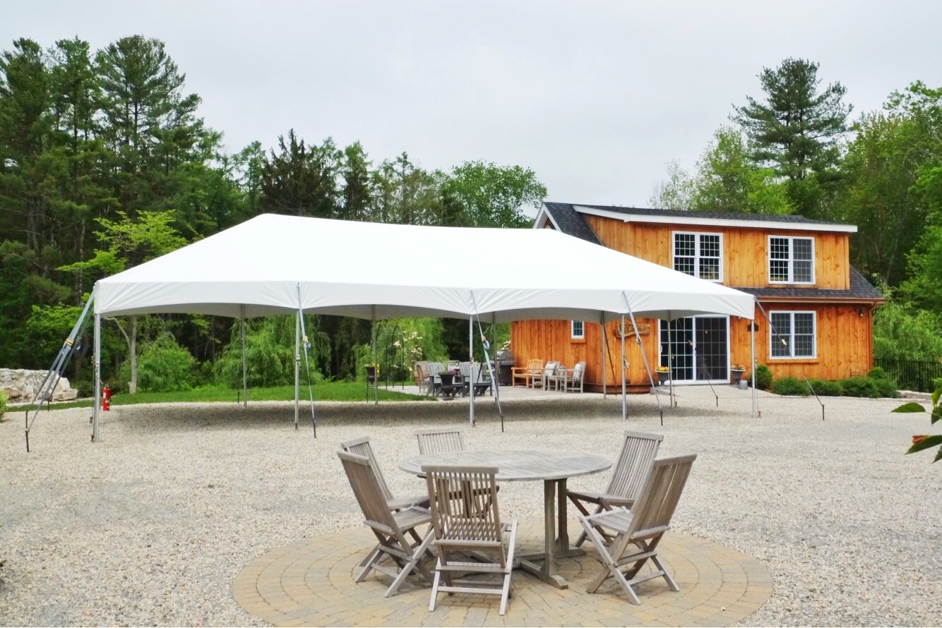 Commercial frame tent with open interior layout