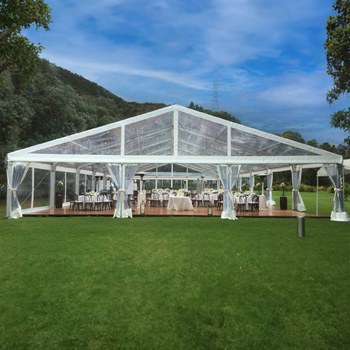 Clear wedding tent setup under the stars