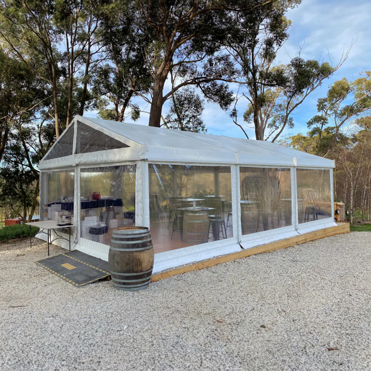 Clear vinyl sidewalls on an outdoor event tent