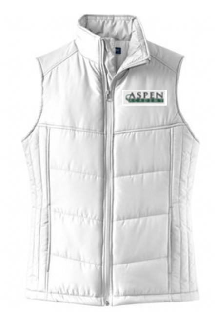 Ladies White Puffy Vest with left chest embroidered logo