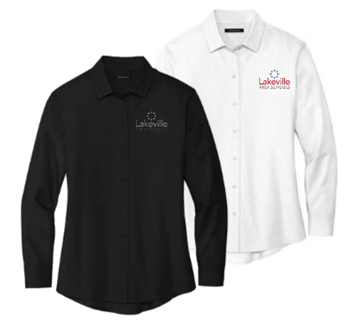 MERCER+METTLE™ Women’s Long Sleeve Stretch Woven Shirt (BLACK or WHITE) with left chest  embroidered logo