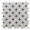 White Carrara Flower Mosaic Tile with Black Penny Honed