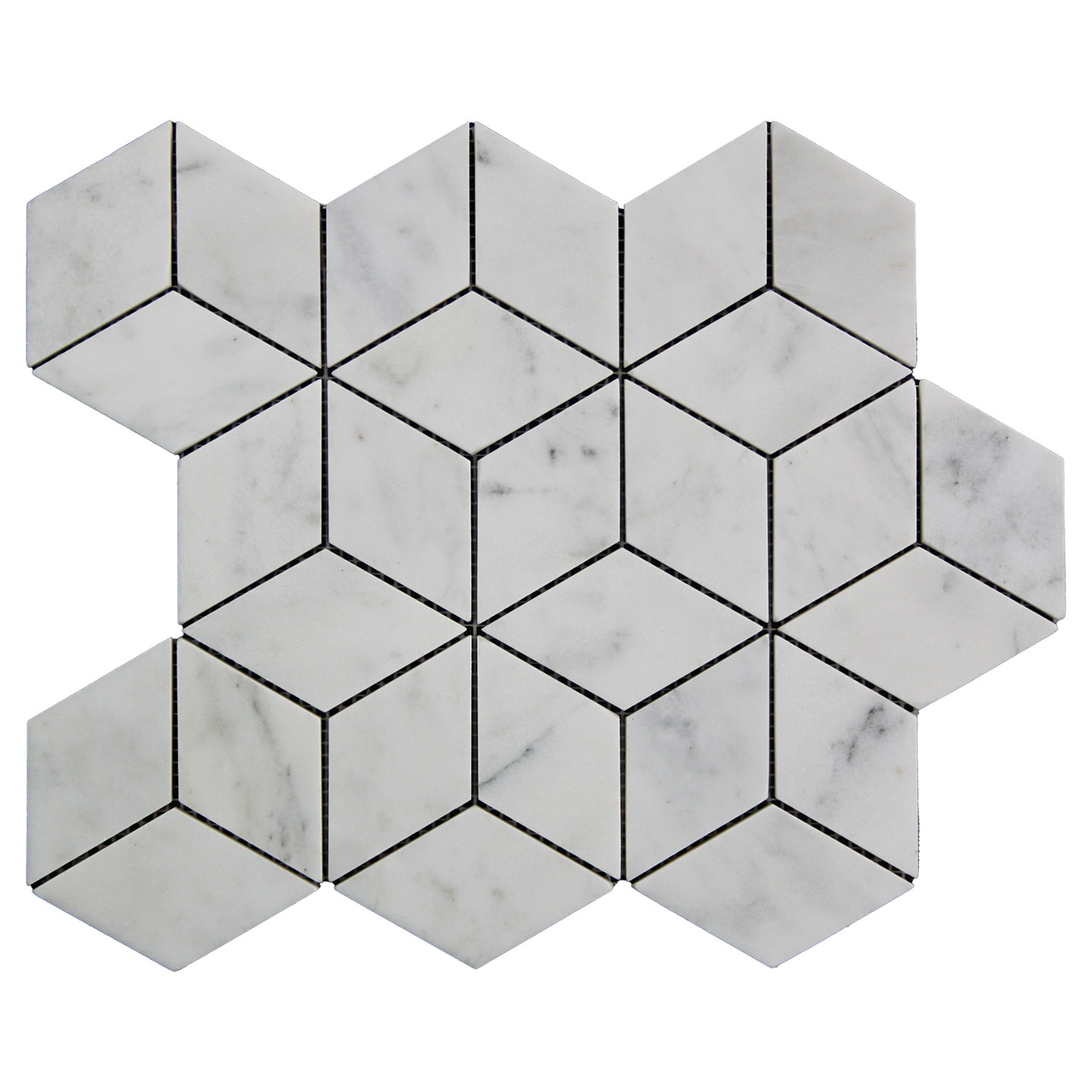 Italian White Carrera Marble Bianco Carrara Rhombus 3D Diamond Mosaic Tile Honed