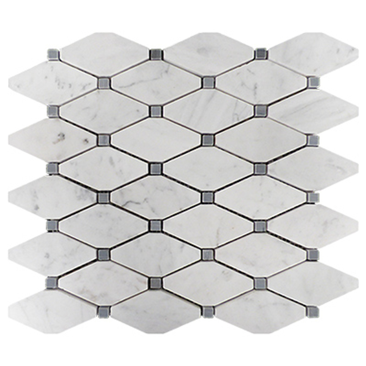 Italian White Carrera Marble Bianco Carrara Rhomboid Long Octagon Mosaic Tile with Bardiglio Gray Dots Polished