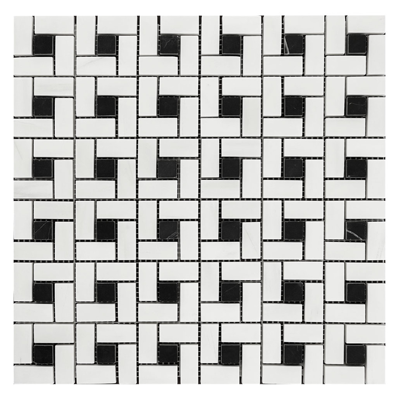 Bianco Dolomite Marble Target Pinwheel Mosaic Tile with Nero Marquina Black Dots Polished