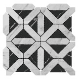 Carrara White Italian Marble Geometrica Mosaic Tile with Nero Marquina Black Triangles Honed Sample