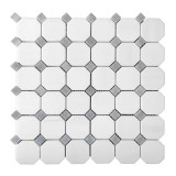 Bianco Dolomite Marble Octagon with Bardiglio Dots Mosaic Tile Honed