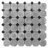 Bardiglio Gray Marble Octagon with Nero Marquina Black Dots Mosaic Tile Honed Sample