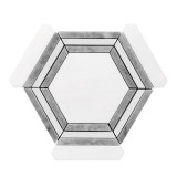 Bianco Dolomite Marble Hexagon with Bardiglio Gray Strips Mosaic Tile Honed Sample