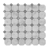 Carrara White Italian Marble Octagon with Bardiglio Dots Mosaic Tile Polished Sample